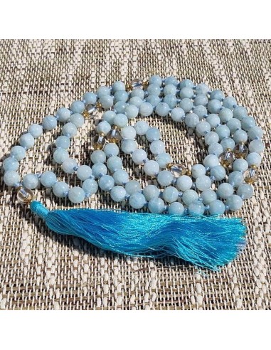 Collier mala Aigue-marine et Cristal 108 perles 8 ou 6 mm livraison gratuite