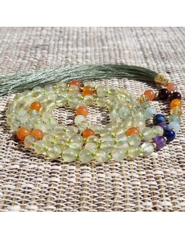 Collier mala Prehnite - Cornaline 7 Chakras - 108 perles 6mm est présent 