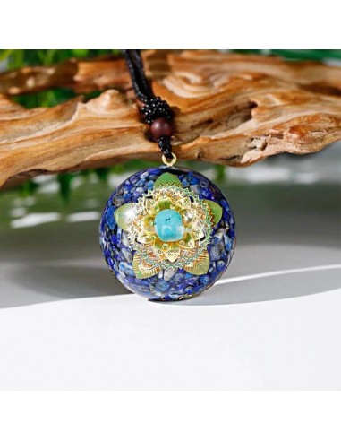 Pendentif orgonite Dome Lapis-lazuli Turquoise Fleur de lotus ciselée la colonne vertébrale